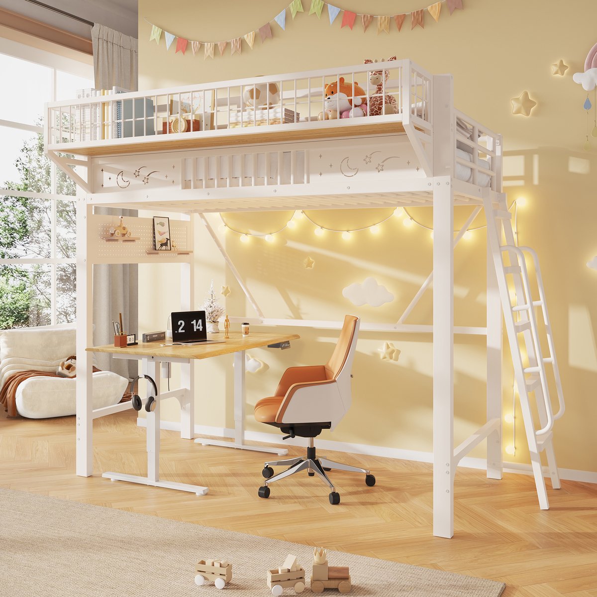 Kinderbed, Hoogbed, 90 x 200 cm, metalen bedframe, opbergkasten, open onderste verdieping, zonder matras, wit