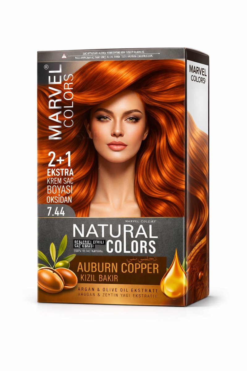 Marvel Natural Colors 7.44 Auburn Copper Haarverf 2+1 Set – Met Argan- en Olijfolie-extract, Intens Koperen Kleur, Voedende Formule en 100% Grijsdekking