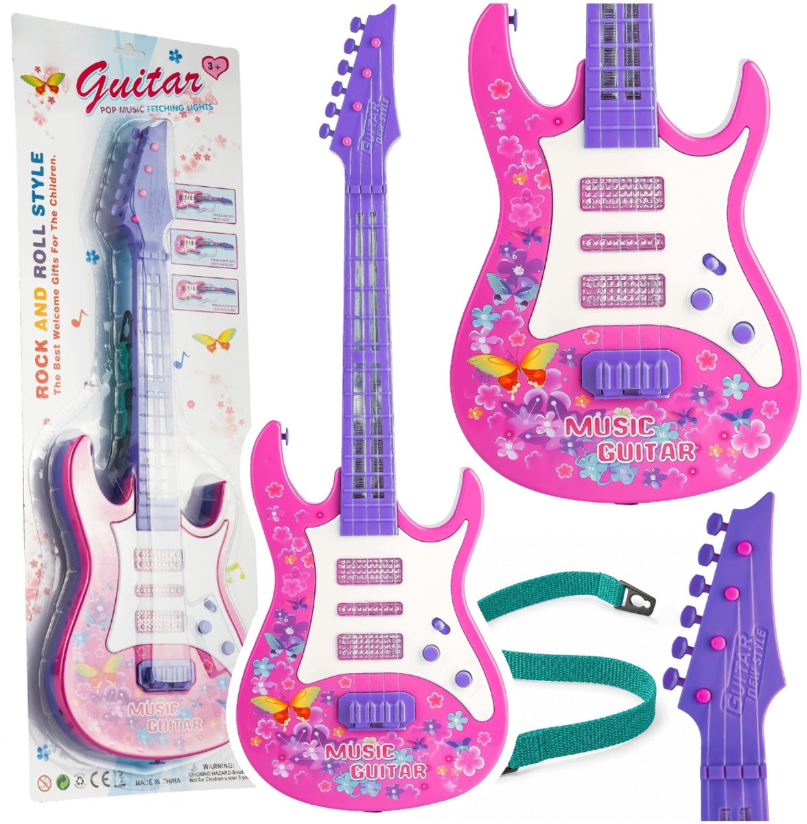 Playos® - Elektrische Gitaar - Roze - met Draagriem - Licht en Geluid - met Geluidseffecten - Speelgoed Gitaar - Liedjes - Speelgoedgitaar - Muzikaal Speelgoed