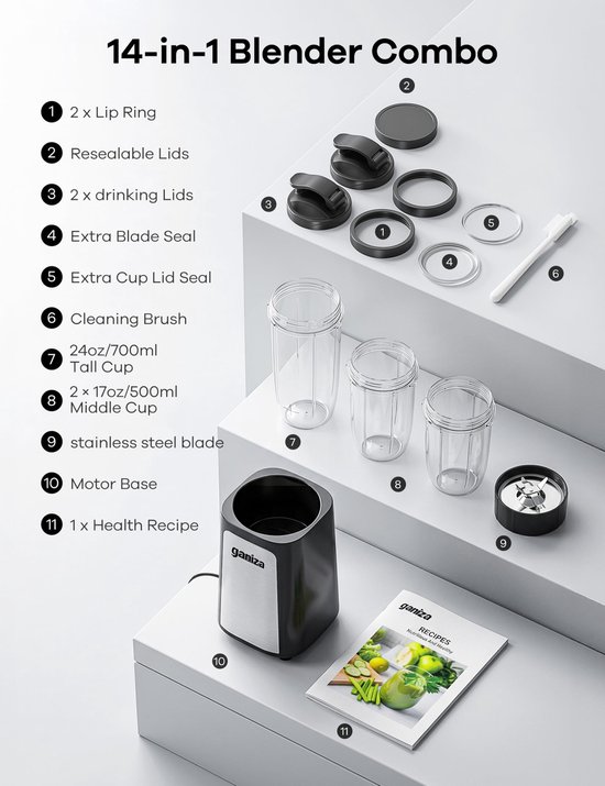 Blender 900W Smoothie Maker met 3 To-Go Bekers 500/700 ml - 23.000 RPM - RVS Messen - BPA-vrij van Blender — afbeelding 2