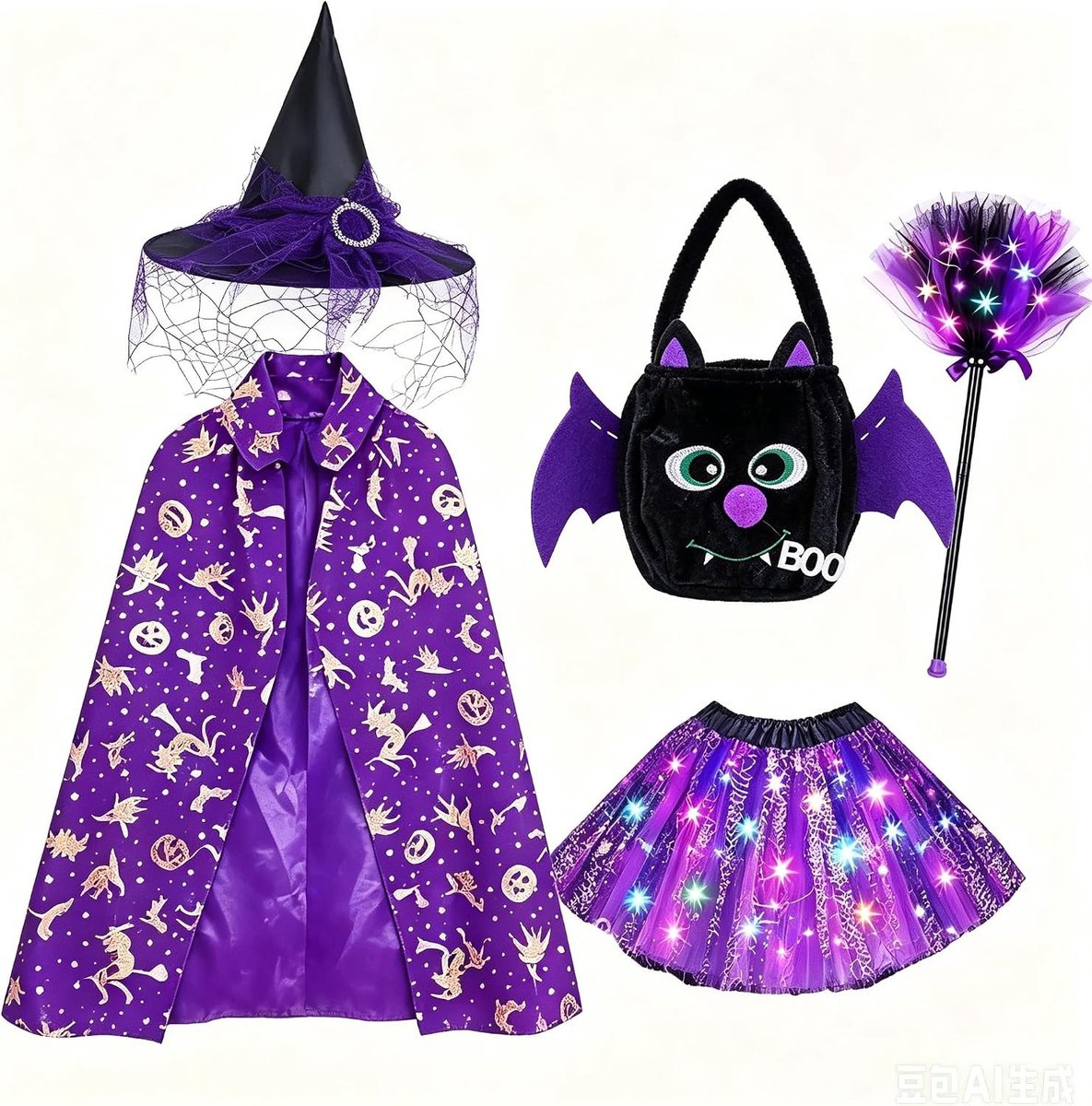 Heksenkostuum voor Halloween en Carnaval met toverhoed, snoepzakje en led-tule rok