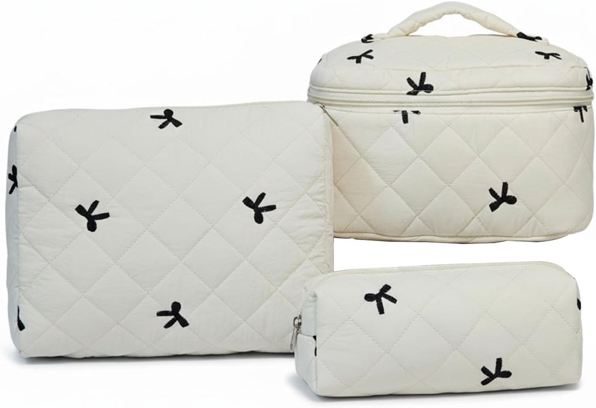 Set van 3 Katoenen Make-up Tassen, Schattige Gevoerde Cosmetica Organizers met Strikpatroon, Ideaal voor Reizen en Toilettas voor Vrouwen en Meisjes, Wit