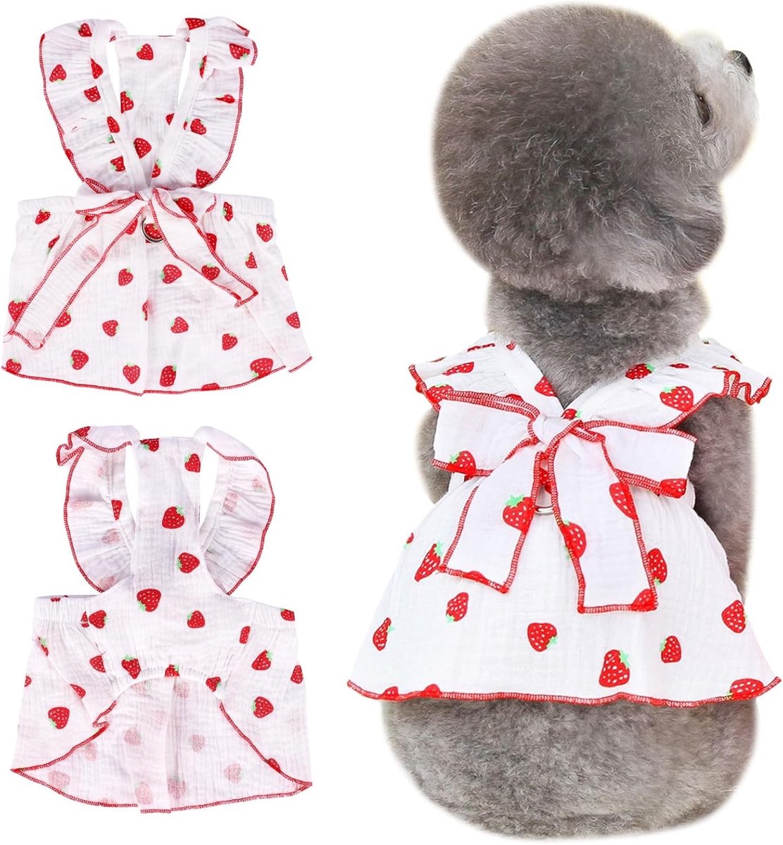 Schattige zomerjurk voor honden en katten met aardbeienprincessen ontwerp, ademend vest met strikdecoratie en leibandring voor kleine en middelgrote huisdieren (Wit, XL)