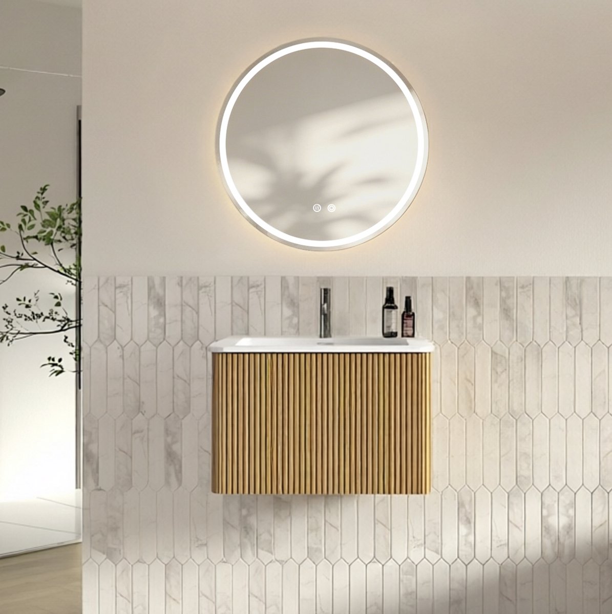 STILVORA Badkamerkast - Wandhangend Wastafelmeubel Met LED Spiegel En Lade - Ruimtebesparend Voor Badkamer - Houtlook - 60 Cm - Eikenkleur