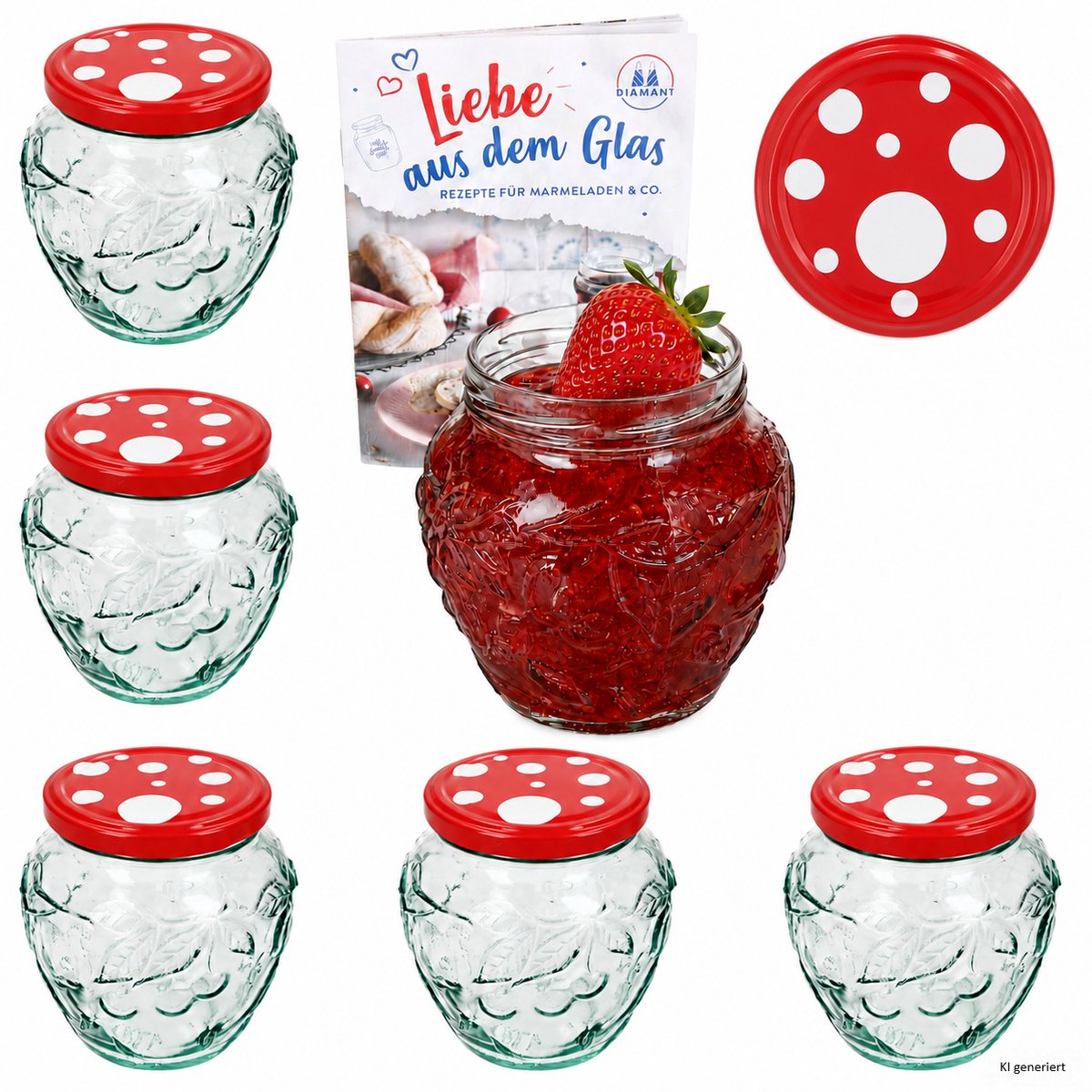 6-delige set jamfles 580ml FRUTTA VASO met fruit-relief + TO82 deksel vliegenzwam
