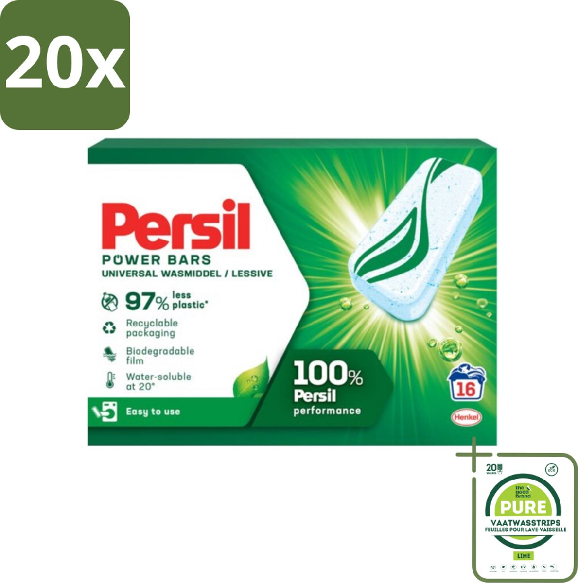 20 x Persil Power Bars - Wasmiddeltabletten - Gekleurde Was - 16 Wasbeurten - Grootverpakking - Wasmiddel Tabletten - Gekleurde Was - Duurzaam Wasmiddel - Biologisch Afbreekbare Verpakking - Wasmiddel Bars