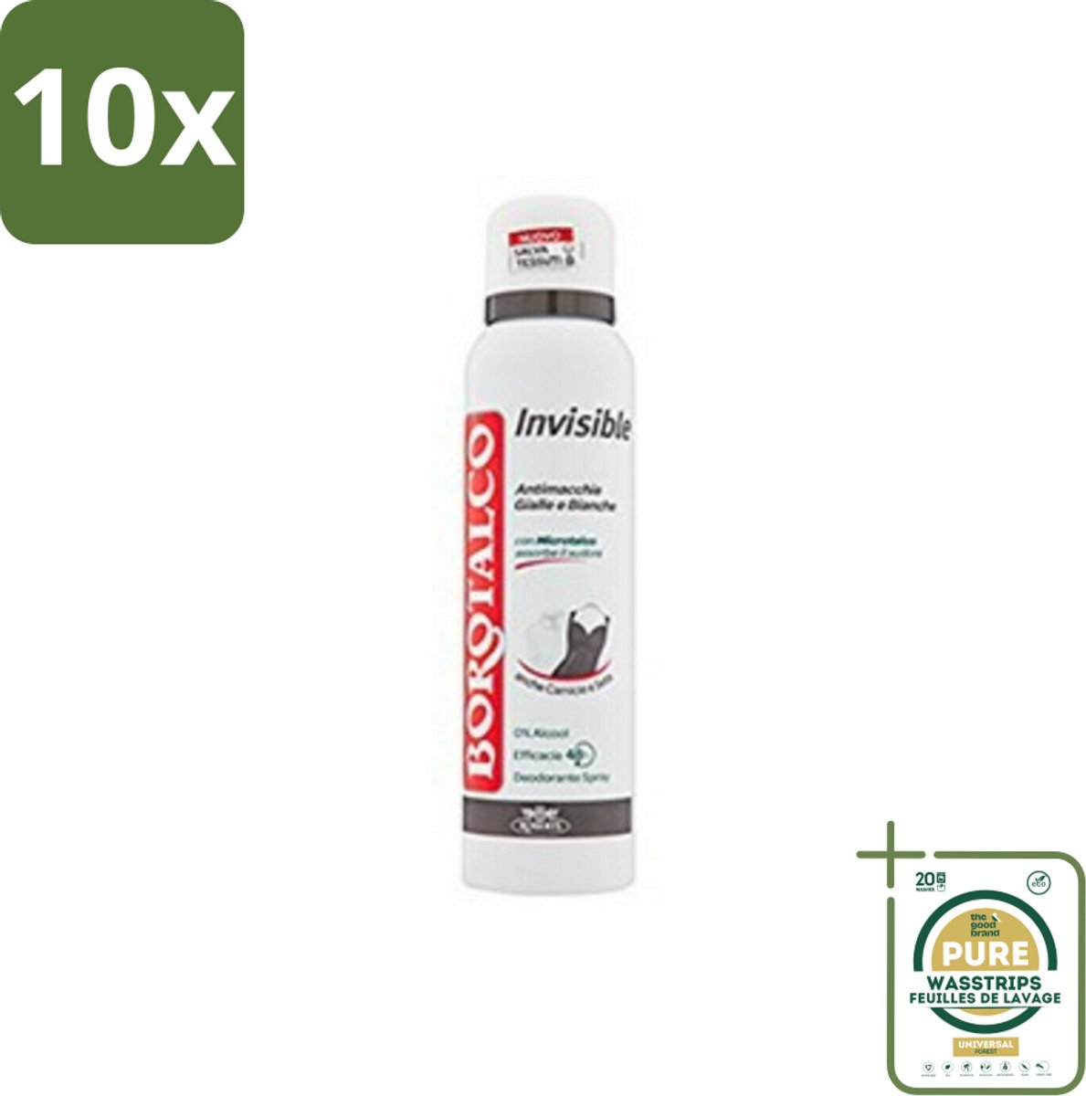 10 x Borotalco - Deodorant Spray - Invisible - Barrier Effect Talc - 0% Alcohol - 150 ml - Grootverpakking - Deodorant Spray - Vlekken Voorkomen - Zweet Absorberen - Droge Huid - 0% Alcohol