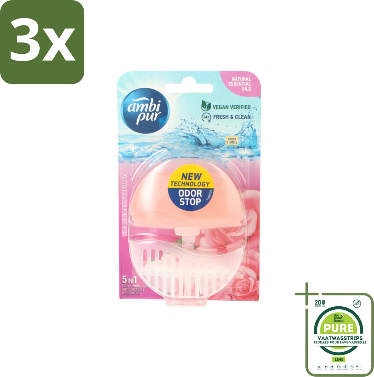 3 x Ambi Pur Toiletblok Starterkit 5in1 Wild Rose & Pink Grapefruit - Grootverpakking - Toiletblok - Toilet Reiniging - Langdurige Geur - Anti-kalk - Super Shine