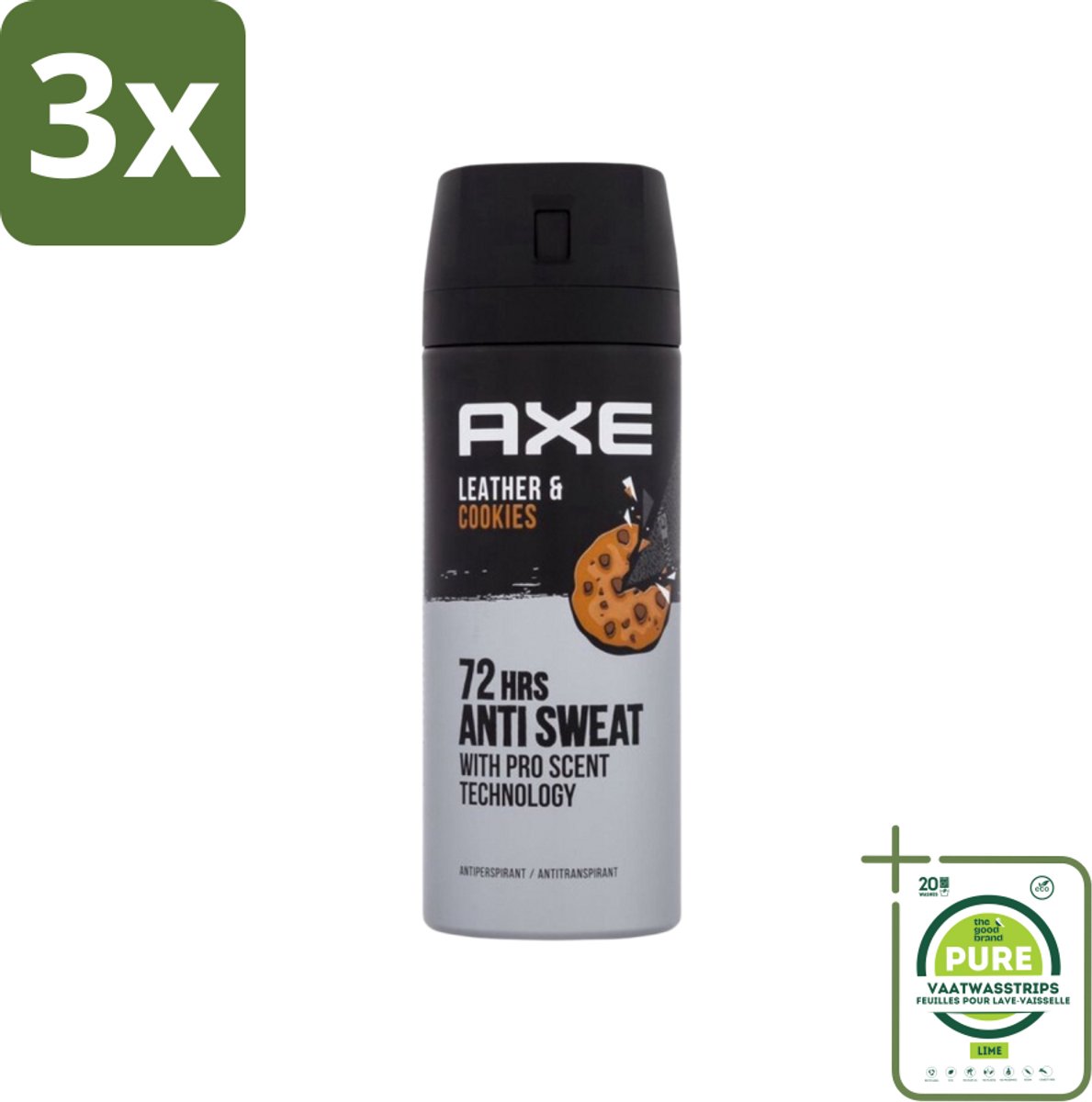 3 x Axe - Deodorant Spray - 72hrs Anti Sweat - Leather & Cookies - 150 ml - Grootverpakking - Axe Deodorant - Deodorant Spray - 72 Uur Bescherming - Anti-transpirant - Mannelijke Geur