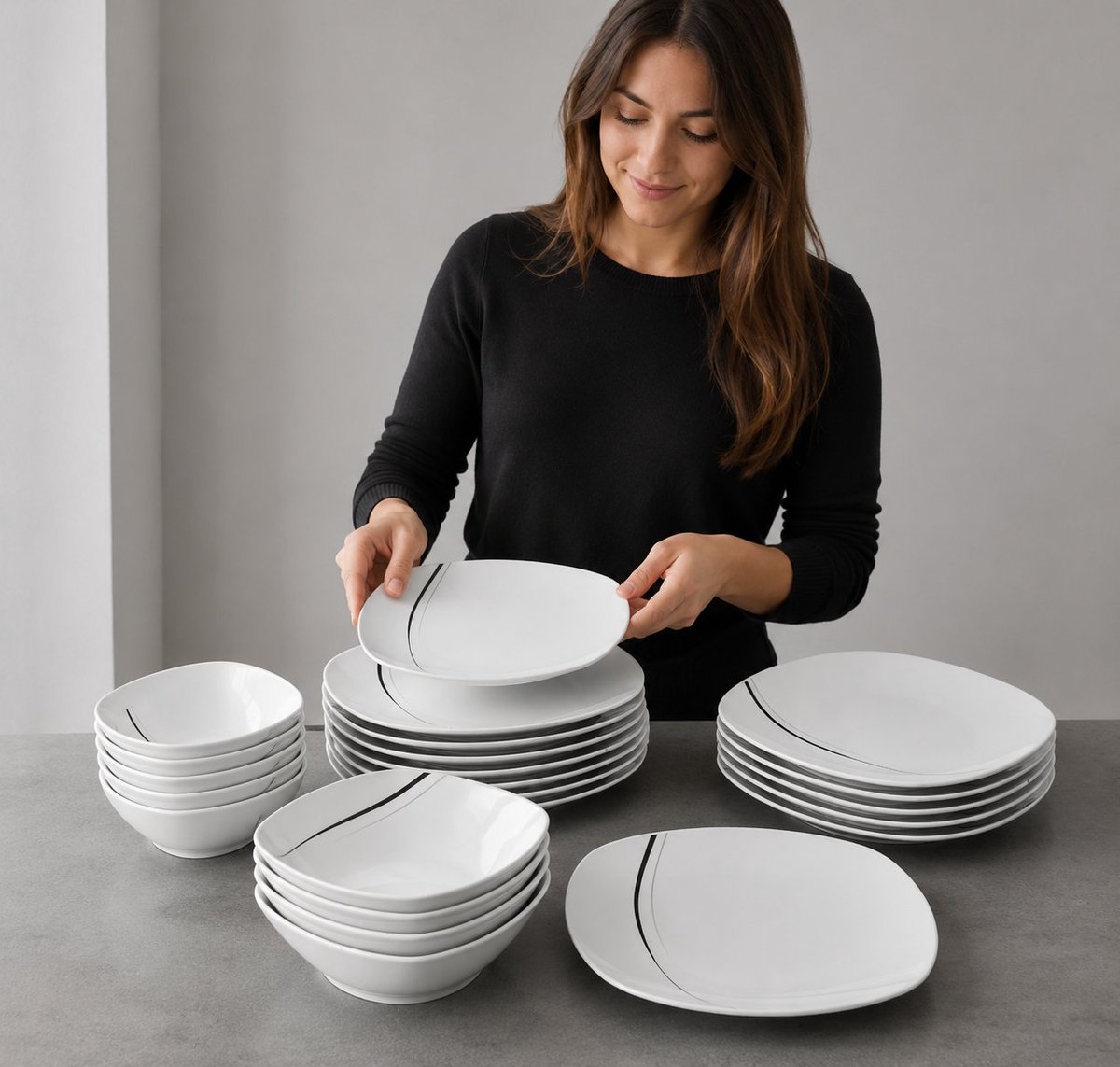 R&H® Bilgola Black Lines 24-delig tafelservies van porselein - 6 pers. - inclusief mueslikommen, kommen, diepe borden en eetborden - vaatwasmachinebestendig