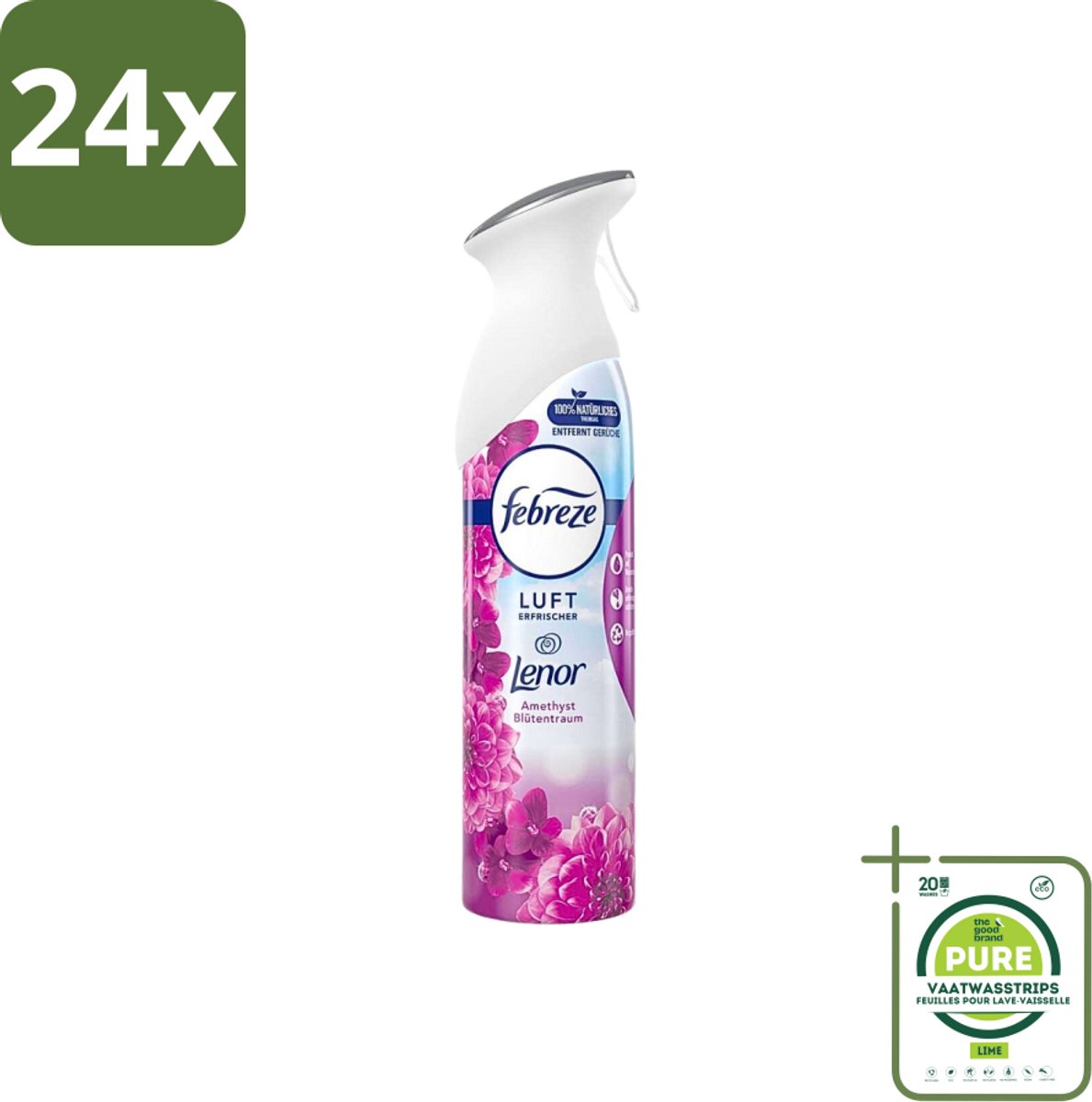 Febreze Amethist Luchtverfrisser Spray - Frisse Bloemen Geur - 300ml - Voordeelverpakking - 24 stuks - Luchtverfrisser - Geurverwijderaar