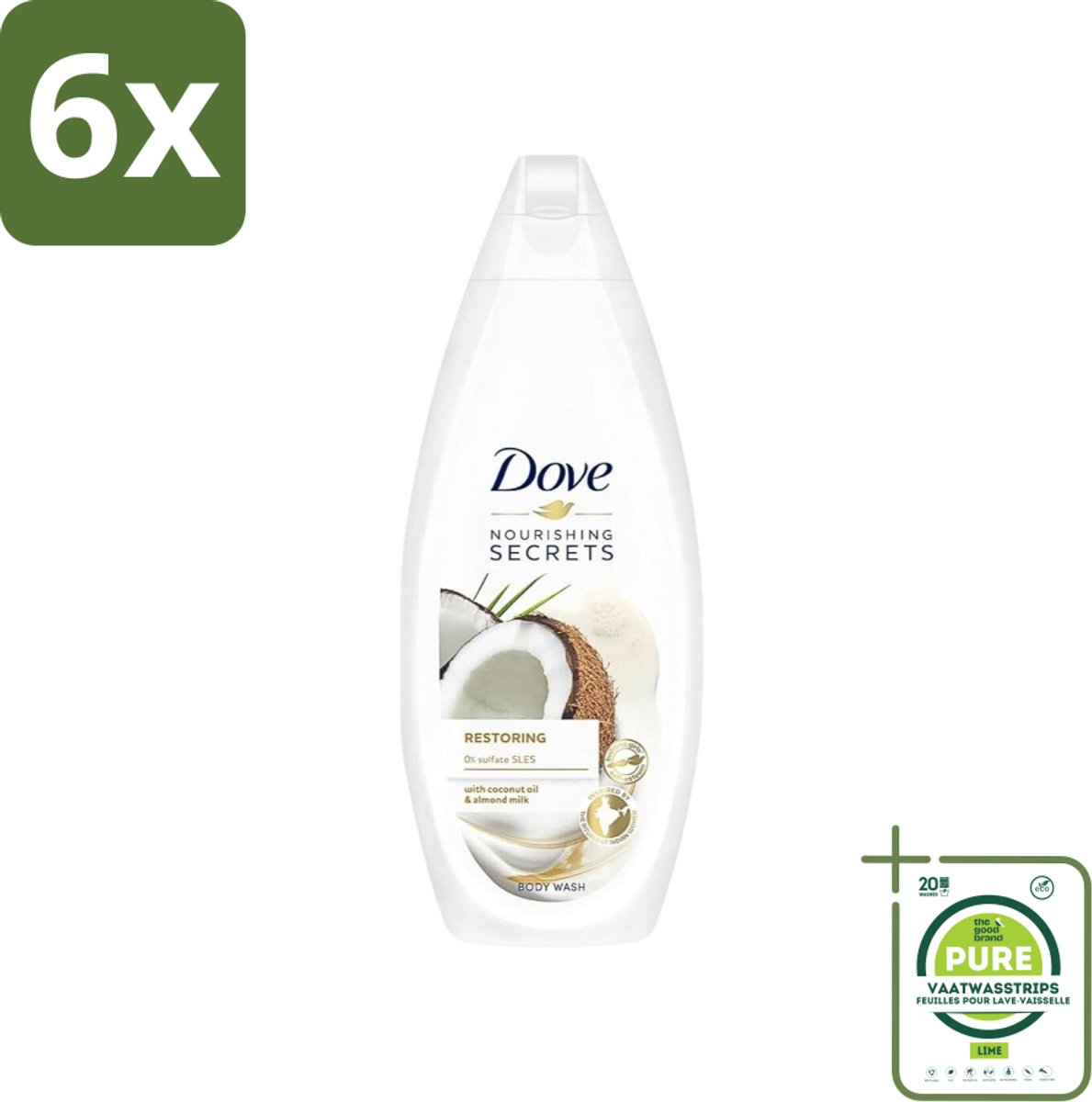 Dove Nourishing Secrets - Douchegel - Kokosolie & Amandel melk - Sulfaatvrij - 250 ml - Voordeelverpakking - 6 stuks - Douchegel - Kokosolie