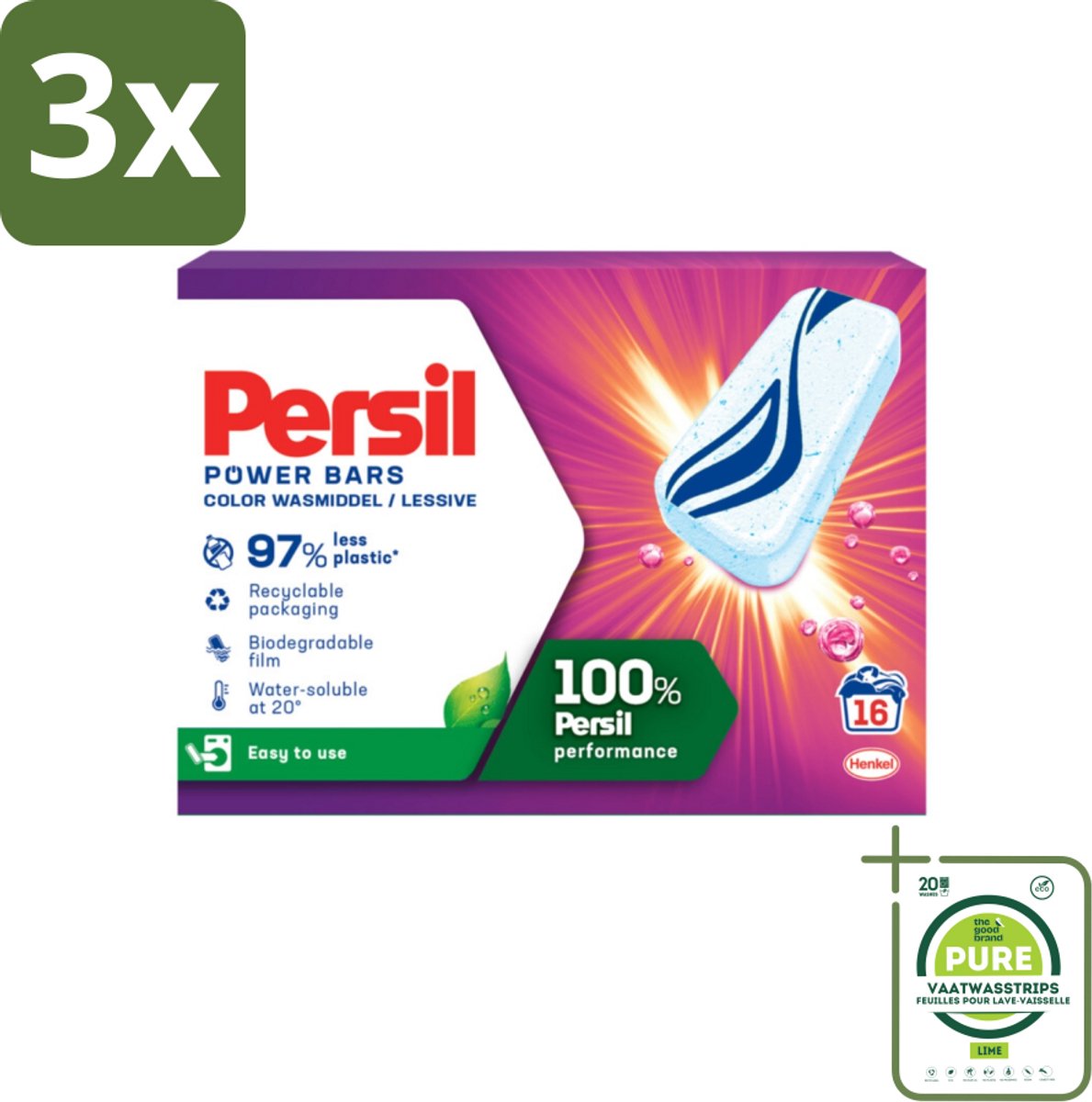 3 x Persil Power Bars - Wasmiddeltabletten - Gekleurde Was - 16 Wasbeurten - Grootverpakking - Wasmiddel Tabletten - Gekleurde Was - Duurzaam Wasmiddel - Persil - Vlekkenverwijderaar
