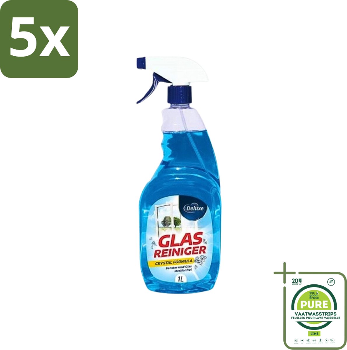 5 x Deluxe - Glasreiniger - Crystal Formule - Streeploze Glans - 1L - Grootverpakking - Glasreiniger - Ramen Schoonmaken - Spiegels Schoonmaken - Streeploos Glans - Kristalhelder