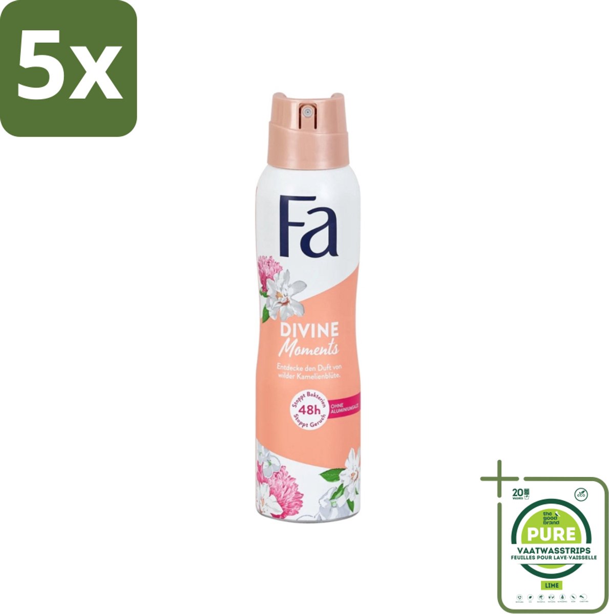 5 x Fa - Divine Moments - Deodorant Spray - Wilde Cameliabloesem - 150 ml - Grootverpakking - Deodorant - Anti-vlekken Deodorant - Wilde Cameliabloesem - Fa Divine Moments - Verfrissende Geur