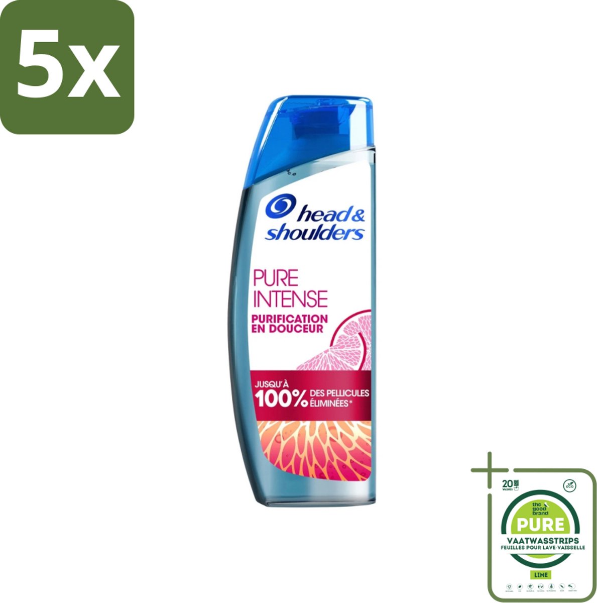 5 x Head & Shoulders - Anti-Roos Shampoo - Pure Intense - Grapefruit - 250 ml - Grootverpakking - Anti-Roos Shampoo - Roos Shampoo - Hoofdhuid Verzorging - Vette Hoofdhuid - Grapefruit Shampoo