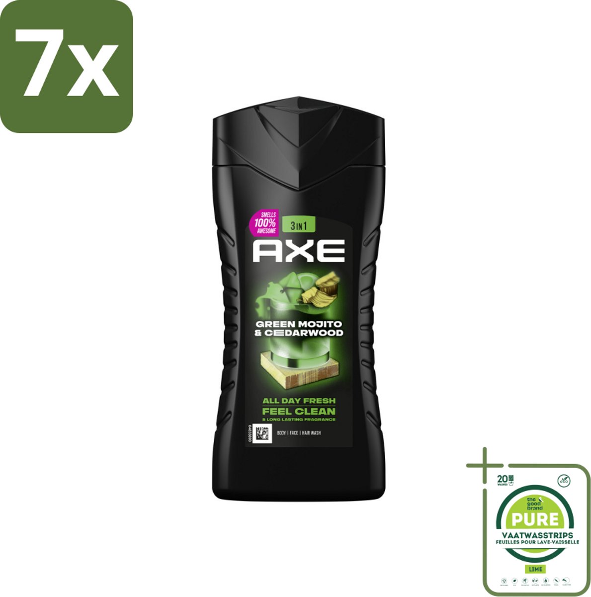 7 x Axe - 3-in-1 Douchegel - Wild Mojito & Cedarwood - 12hrs Long Lasting Scent - 250 ml - Grootverpakking - Douchegel - Deodorant - Axe - Wild Mojito - Cedarwood
