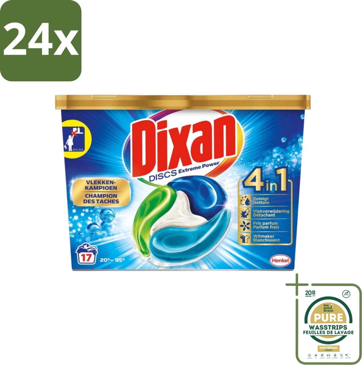 Dixan Discs - Wasmiddelcapsules en Vlekverwijderaar - Extreme Power - Witte, Gekleurde & Zwarte Was - 17 Wasbeurten - Voordeelverpakking - 24 stuks - Wasmiddel - Dixan