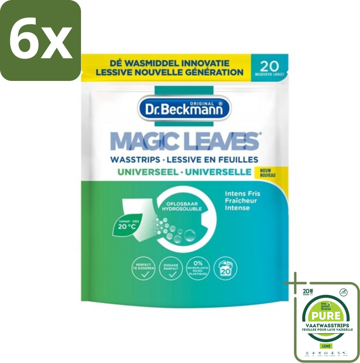 Dr. Beckmann - Magic Leaves Universeel - Wasstrips - Witte en Gekleurde Was - 20 Wasbeurten - Voordeelverpakking - 6 stuks - Wasstrips - Wasmiddel
