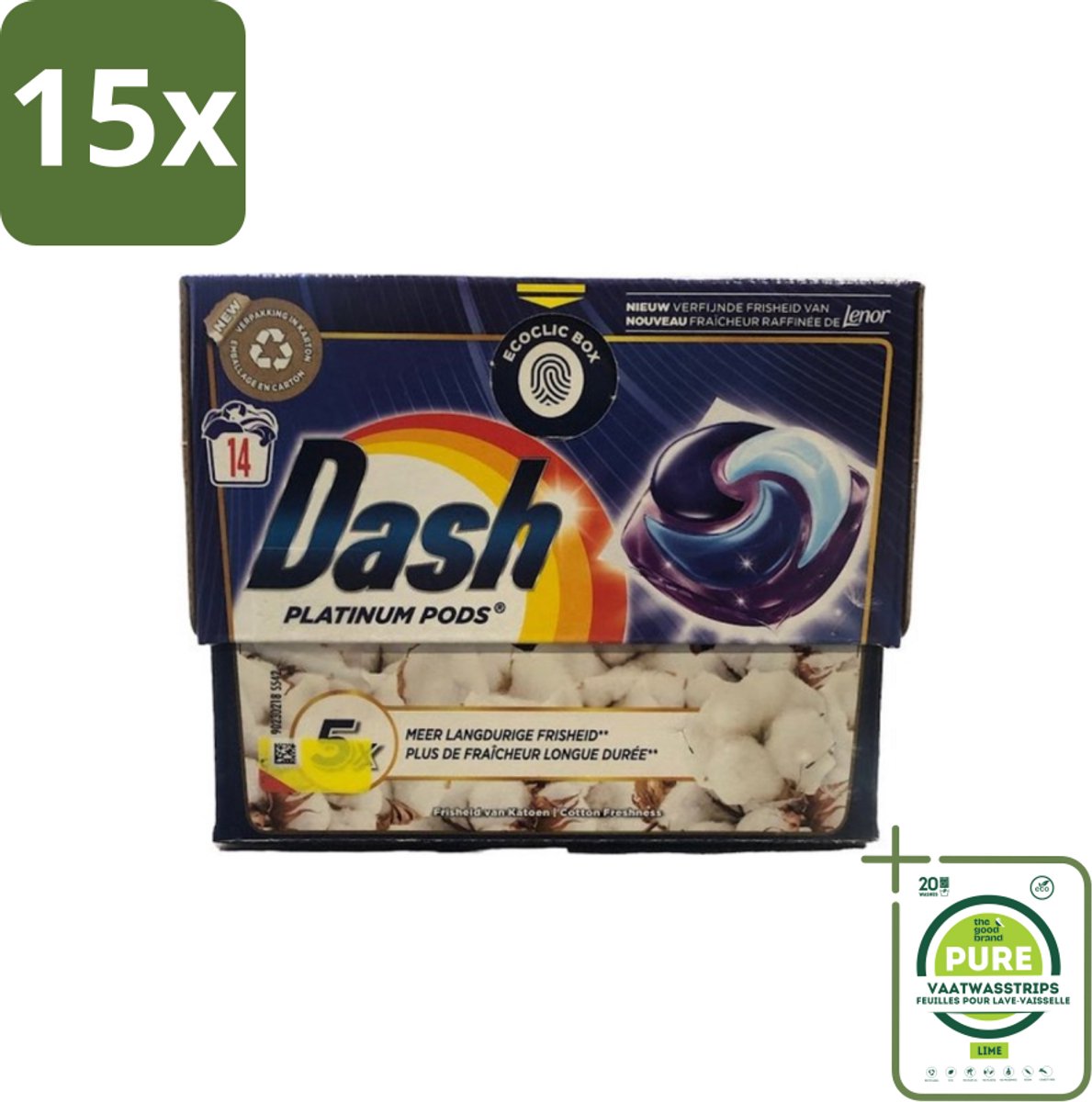 15 x Dash Platinum - Wasmiddel Capsules - Witte en Gekleurde Was - Frisheid van Katoen - 14 Wasbeurten - Grootverpakking - Wasmiddel Capsules - Waspoeder Capsules - Vlekkenverwijderaar - Katoen Frisheid - Wasmiddel Wit En Gekleurd