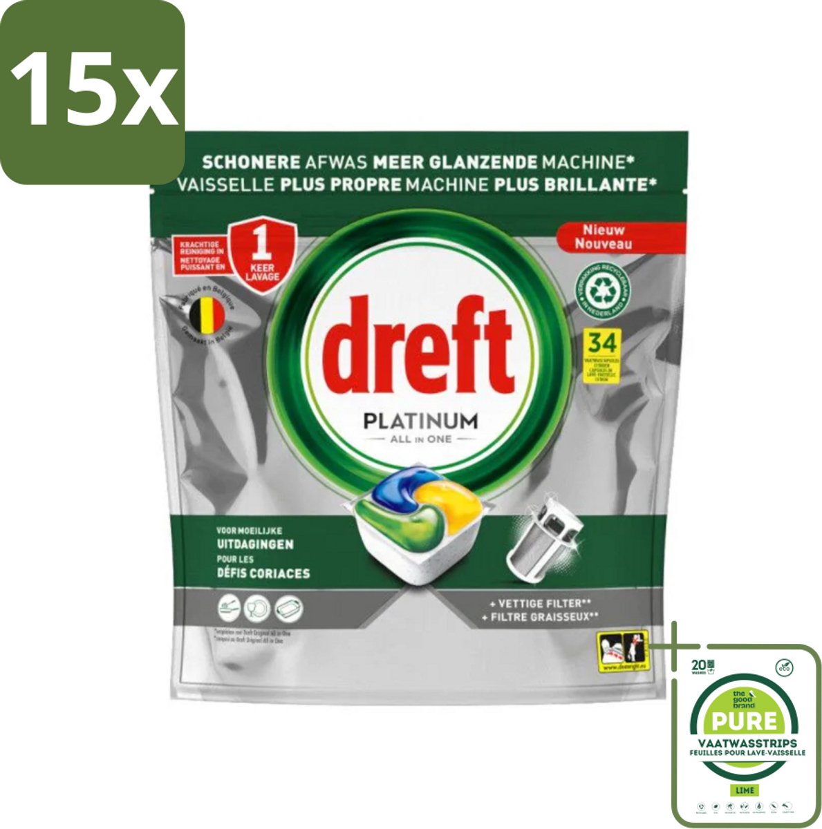 15 x Dreft Platinum - All In One - Vaatwascapsules - Citroen - 34 Afwasbeurten - Grootverpakking - Vaatwascapsules - Vaatwasser - Citroen - Reiniging - Hardnekkige Vlekken