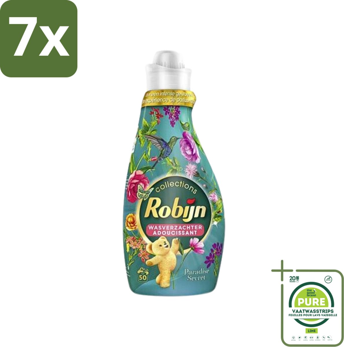 7 x Robijn Collections - Wasverzachter - Paradise Secret - 1,25L - 50 Wasbeurten - Grootverpakking - Wasverzachter - Wasparfum - Zijdezacht - Luxe Was - Botanische Wasverzachter