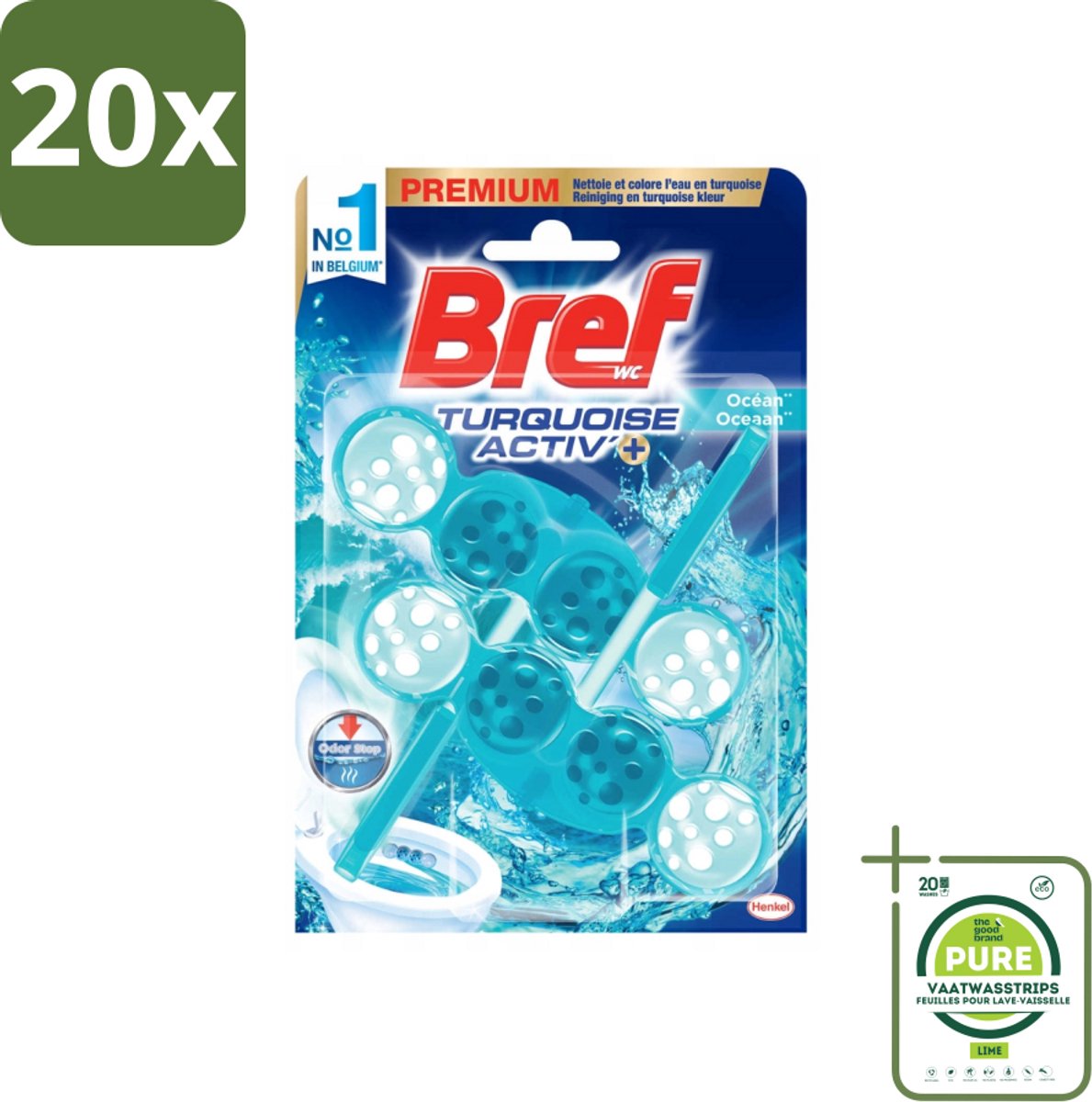20 x Bref WC - Turquoise Activ+ - Toiletblok - Oceaan - 2 Blokken - Grootverpakking - Toiletblok - Toilet Fris - Oceaan Geur - Wc Reiniging - Anti-kalk