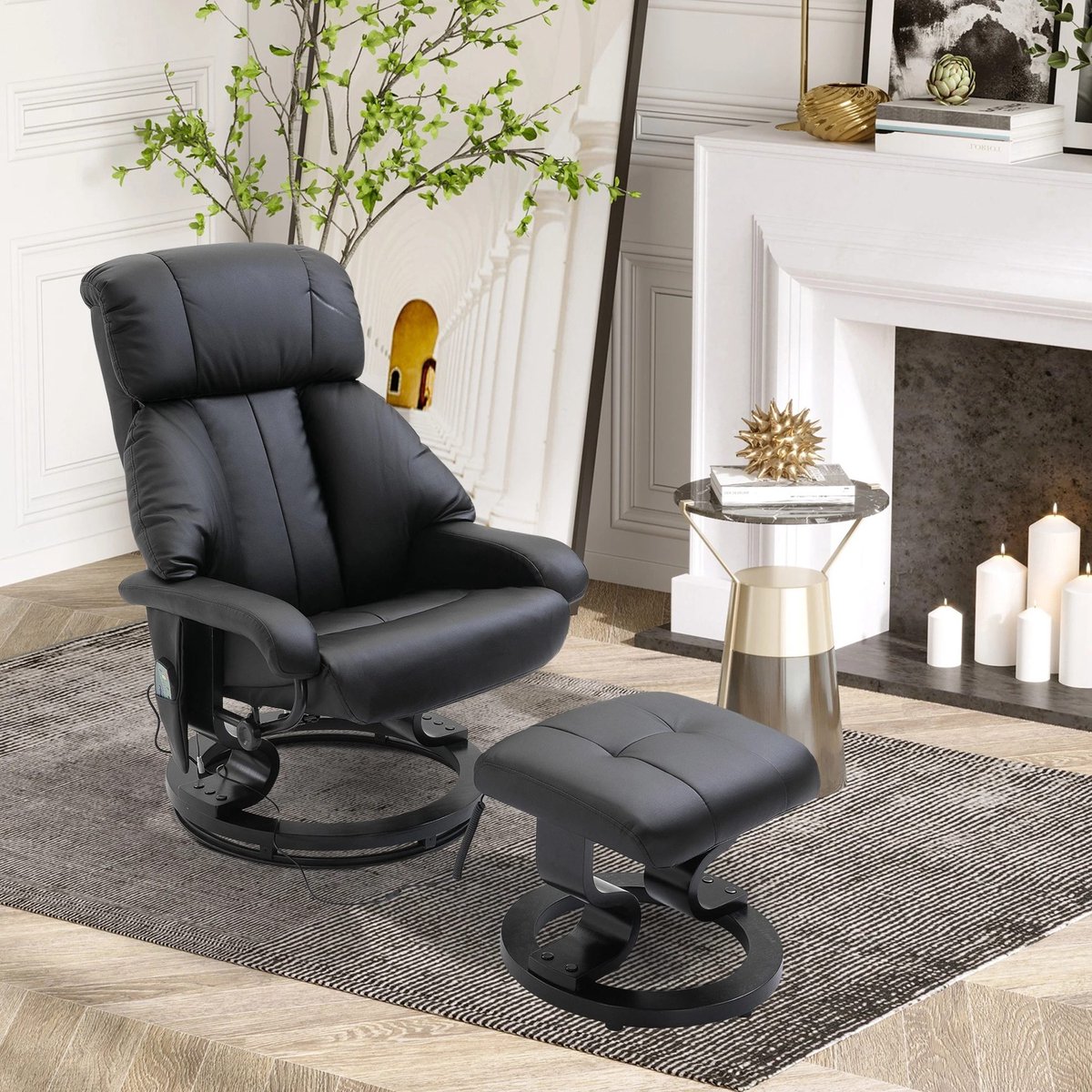 REDOM - Relaxfauteuil - 145° handmatig verstelbare rugleuning - 10 vibratiepunten massage - draaibare basis - met hocker - kunstleer - 76 x 80 x 102 cm