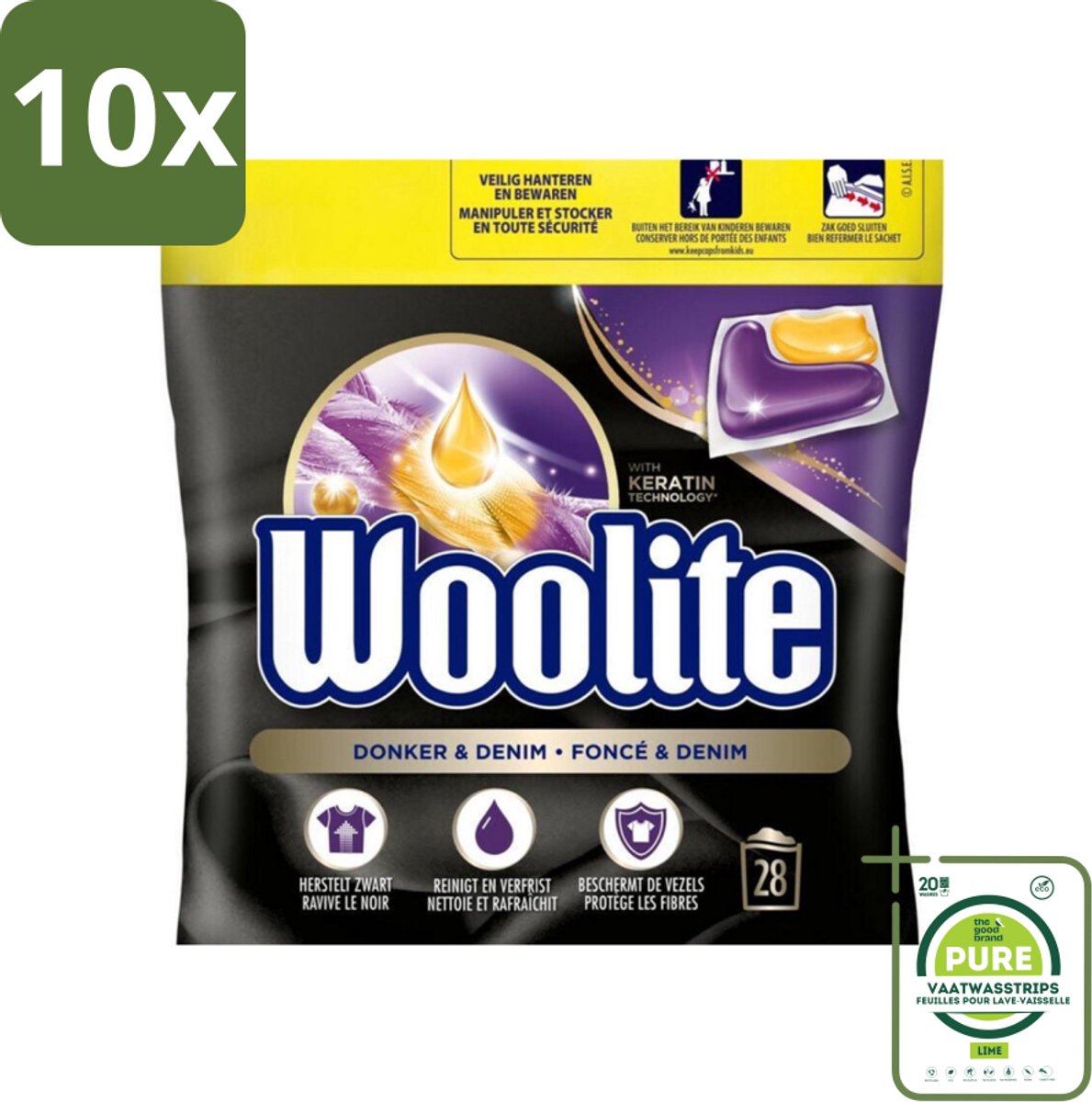 10 x Woolite Dark - Wasmiddelcapsules - Met Keratine - Donkere & Denim Was - 28 Wasbeurten - Grootverpakking - Wasmiddel Capsules - Donkere Kleding - Denim Kleding - Wasmiddel Voor Donkere Kleuren - Wasmiddel Met Keratine