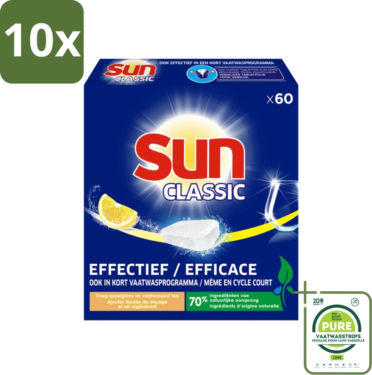 10 x Sun Classic - Vaatwastabletten - Voordeelverpakking - Citroen - 60 Tabletten - Grootverpakking - Vaatwastabletten - Citroen - Vaatwasser - Schoonmaakmiddelen - Fosfaatvrij
