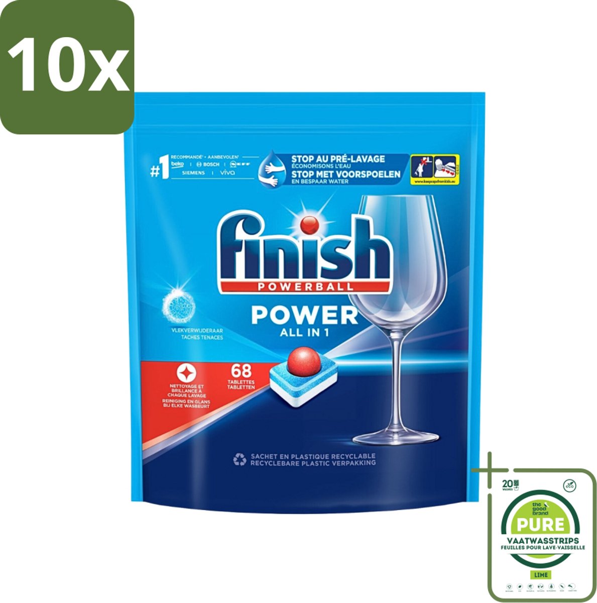 10 x Finish Powerball - Power All in 1 - Vaatwastabletten - Reiniging & Glans - 68 Tabletten - Grootverpakking - Vaatwastabletten - Vaatwassertabletten - Diepe Reiniging - Vlekken Verwijderen - Glanzend Resultaat