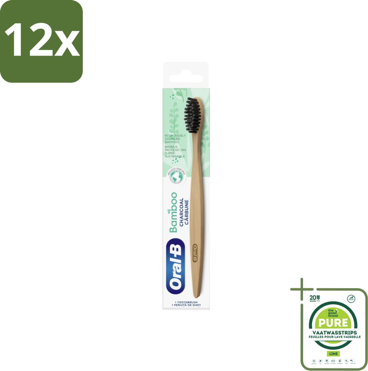 Oral-B - Tandenborstel - Bamboe - Houtskool - 1 Tandenborstel - Voordeelverpakking - 12 stuks - Tandenborstel bamboe - Tandenborstel houtskool