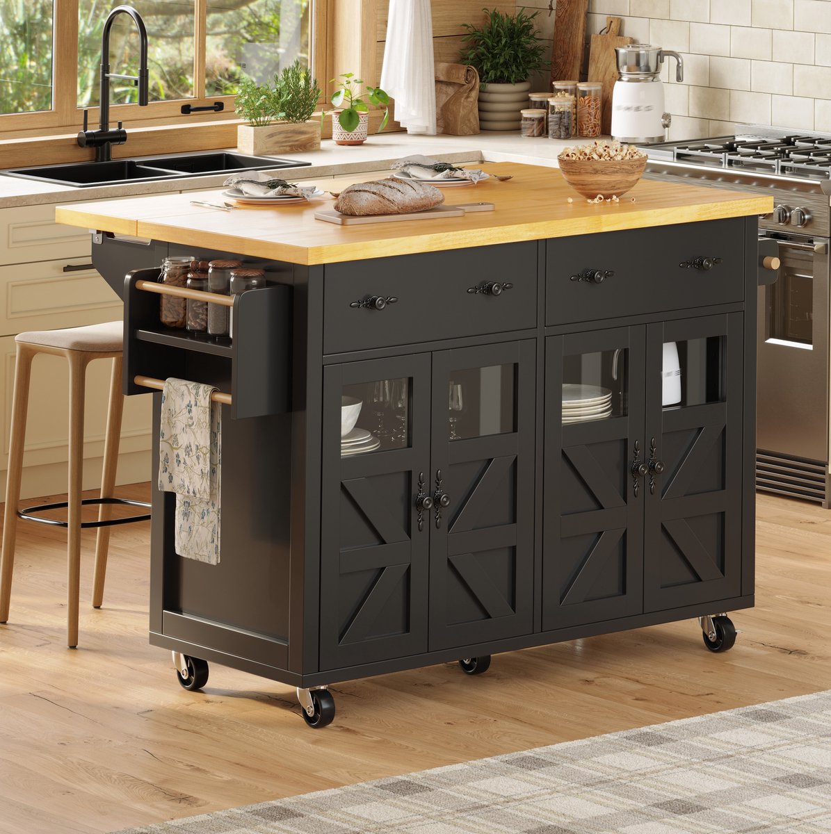 Wishdor Keukenkast op wielen - Verstelbare legplanken en grote lade - Met 5 wielen en 2 remmen - Zwart houtlook - Keuken eetkamer woonkamer - MDF - Zwart - 140 x 73 x 93,5 cm