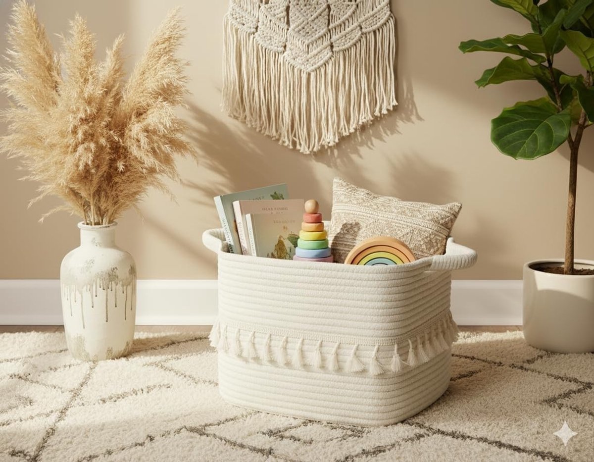 Opbergmand met Handvatten, Gevlochten Design voor Wasgoed, Dekens en Speelgoed, Decoratieve Mand voor Woonkamer, Slaapkamer en Badkamer, Wit en Multifunctioneel