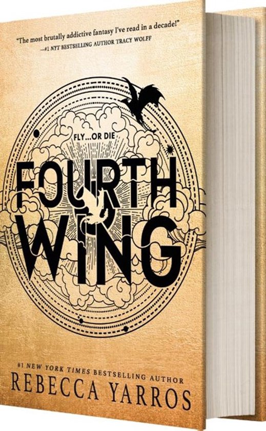 Boekomslag 'Fourth Wing' van Rebecca Yarros, met cirkelvormig design, een draak en goudkleurige tekst. #1 New York Times bestseller.