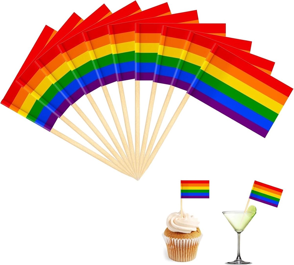 100 Stuks LGBTQ Regenboog Tandenstokers - Versieringen voor Pride Maand, Feestjes en Parades, Ideaal voor Cocktails en Cupcakes