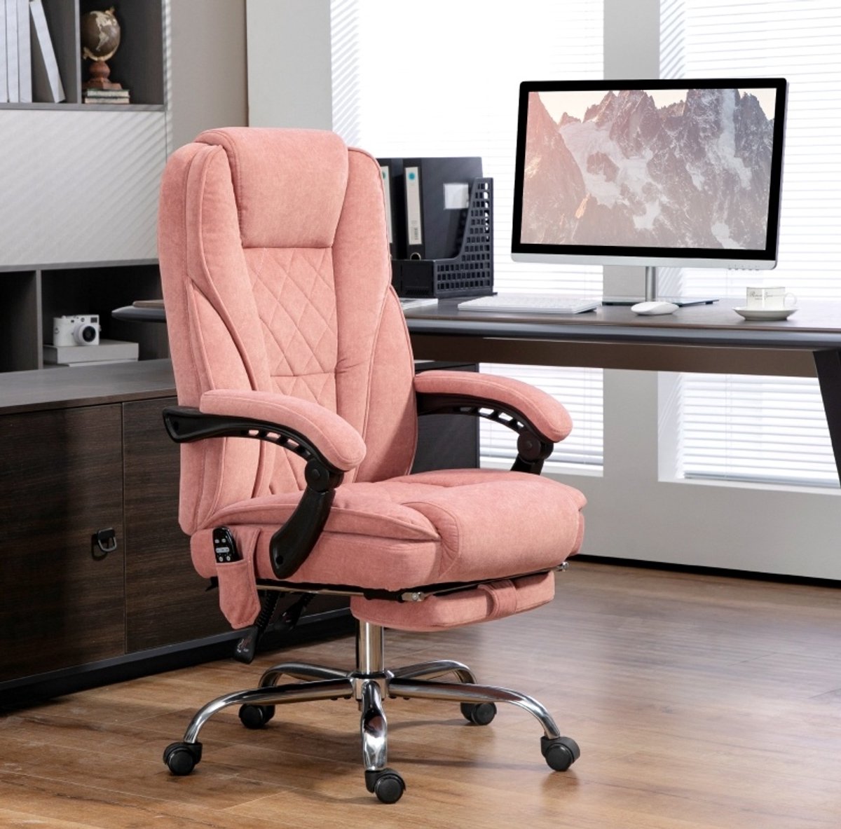 REDOM - Bureaustoel - Vibratiemassage en warmte - Verstelbare rugleuning tot 135° met voetsteun - Draaibaar met wielen - Polyester stof - Roze - 67 x 72 x 111-119 cm