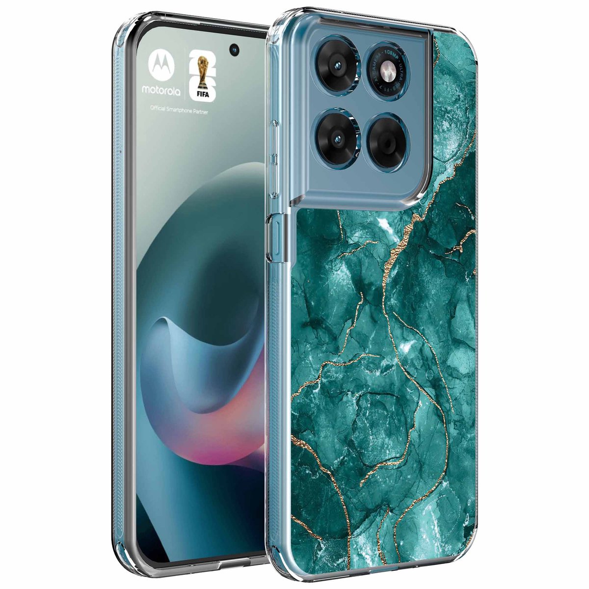 Smartphonica Geschikt voor Motorola Moto G77 Telefoonhoesje met Groen Goud Marmer opdruk - Draadloos op te laden - Shockproof Siliconen TPU Strong Case - Sterk Schokbestendig Telefoonhoesje geschikt voor Motorola Moto G77