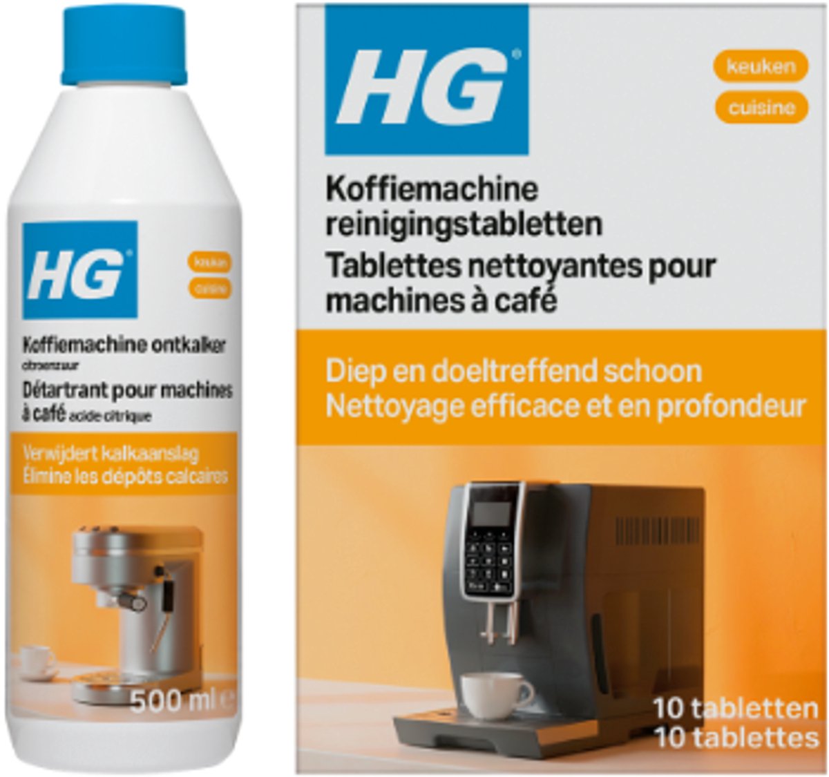HG Koffiemachine Reinigingsset – Ontkalker met Citroenzuur 500 ml + 10 Reinigingstabletten – Voor Koffiemachines