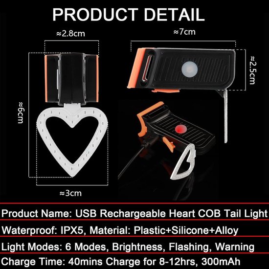 KZQ Hartvormig Fietsachterlicht - USB-Oplaadbaar - 5 Lichtstanden - Helder Rood LED - Waterdicht - Universele Montage - Voor Fiets Helm Rugzak - Rood — afbeelding 3