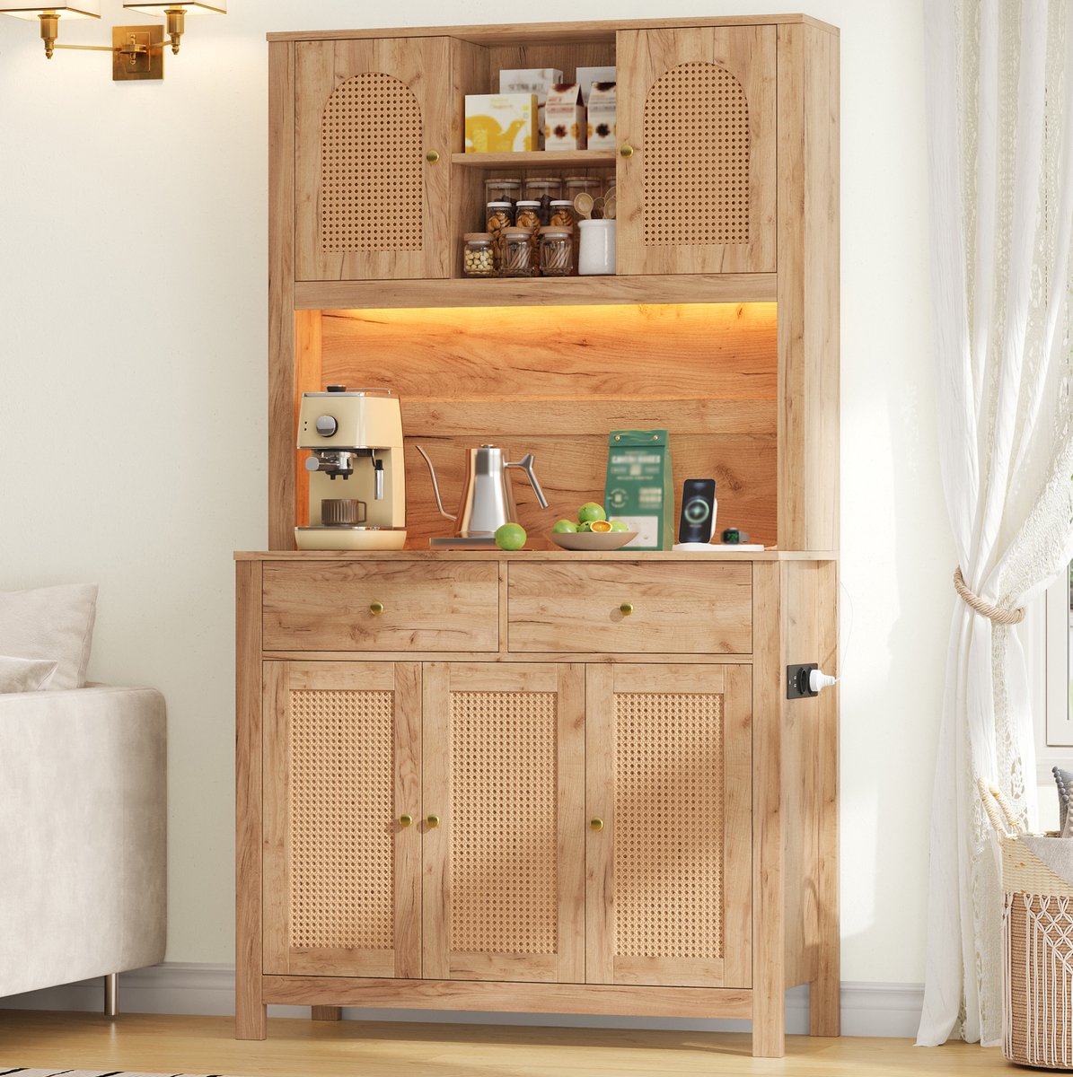 COVREO Keukenkast 100x40x180 cm naturel MDF, met LED en stopcontacten Natural