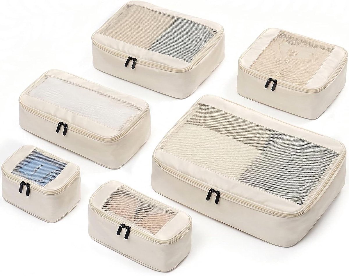 Compressie Packing Cubes - Reisorganizers Set - Bagage Ordenen - Bespaart 50% Ruimte - 6 Delig - Beige