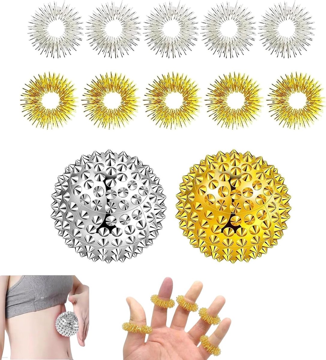 2 Stuks Stekelige Massageballen, Voetbal Massageballen en Acupunctuurballen met 10 Acupressuurringetjes voor Spierontspanning en Pijnverlichting