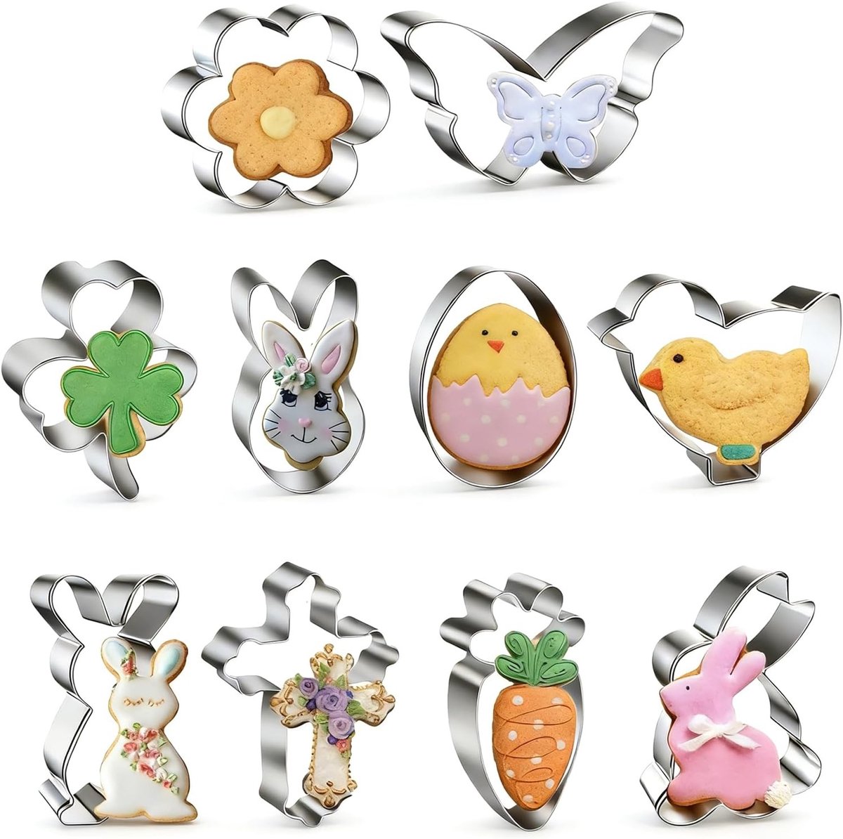 Set van 10 roestvrijstalen uitsteekvormpjes voor Pasen - Konijn, Ei, Bloem, Vlinder, Kuiken, Wortel en Schaap voor Bakplezier en Creatieve Decoratie