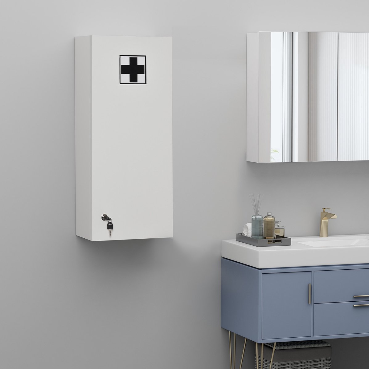 REDOM - Medicijnkast - Wandkast met slot - Verstelbare planken - Wandmontage - Badkamer en thuisgebruik - Spaanplaat - Wit - 30 x 20 x 70 cm