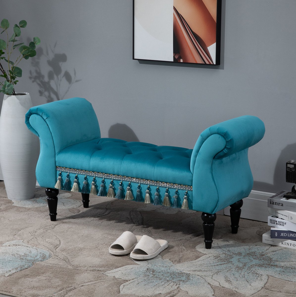 REDOM - Zitbank met armleuningen en rugleuning - Gecapitonneerde zitting - Houten frame - Retro & vintage - Woonkamer, slaapkamer of hal - Polyester - Blauw - 117 x 40 x 58 cm