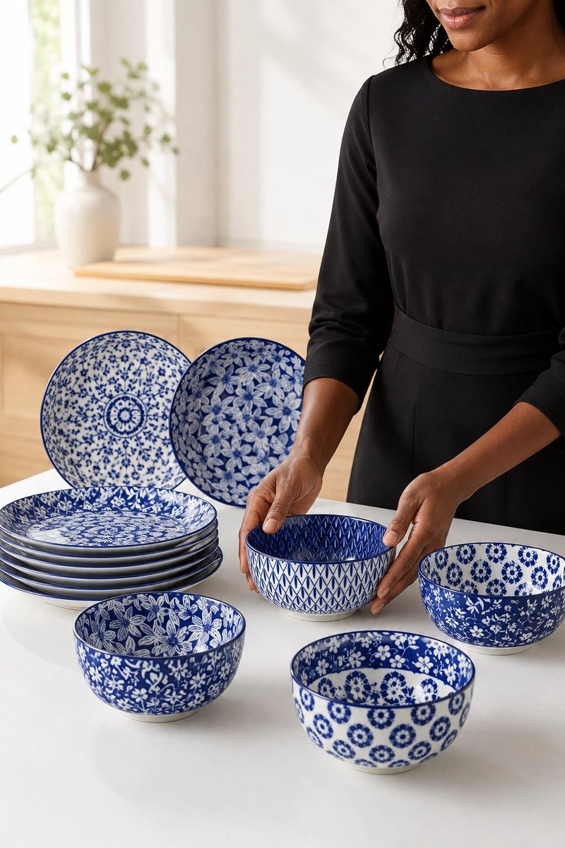 R&H® 18-delig Porseleinen Servies voor 6 Personen – 6 Ontbijtkommen, 6 Dinerborden, 6 Dessertborden – Magnetron-, Oven- en Vaatwasserbestendig – Blauw Bloemenpatroon