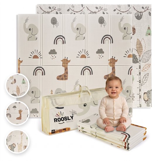 Baby op opvouwbare speelmat met safari-print. Inclusief opbergtas en detailshots.