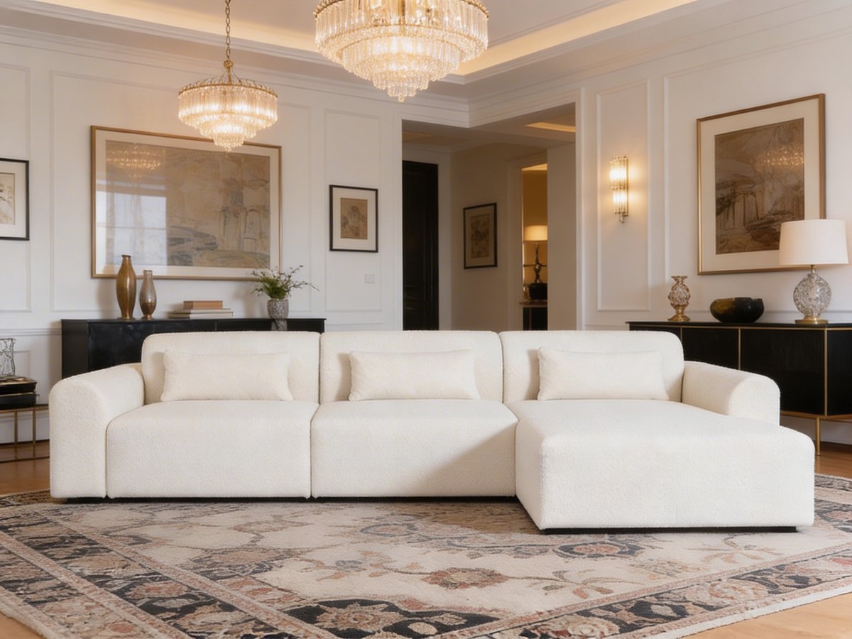 Valmont Lounge – Koningstijl – Ivory Bouclé Hoekbank – Royale Chaise Longue – Inclusief Rugkussens – Luxe Loungebank voor Woonkamer
