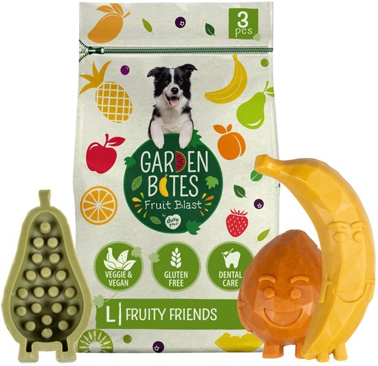 Een pak "Garden Bites Fruit Blast" met een bordercollie, een groene peer, een oranje kokosnoot en een gele banaan.